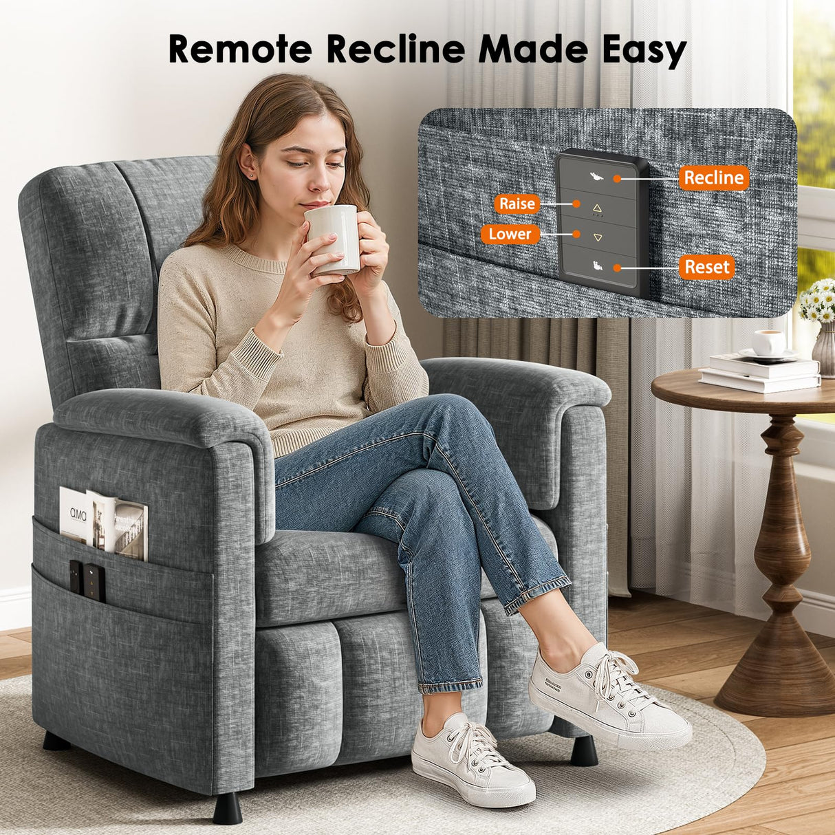 Pipishell Recliner Chairs for Adults, Recliner Chair with Remote, Adjustable Recline/Footrest, Chenille Fabric, High Back, Thick Seat Cushion, Recliner for Living Room, RV & Home Theater (Light Grey) Pipishell