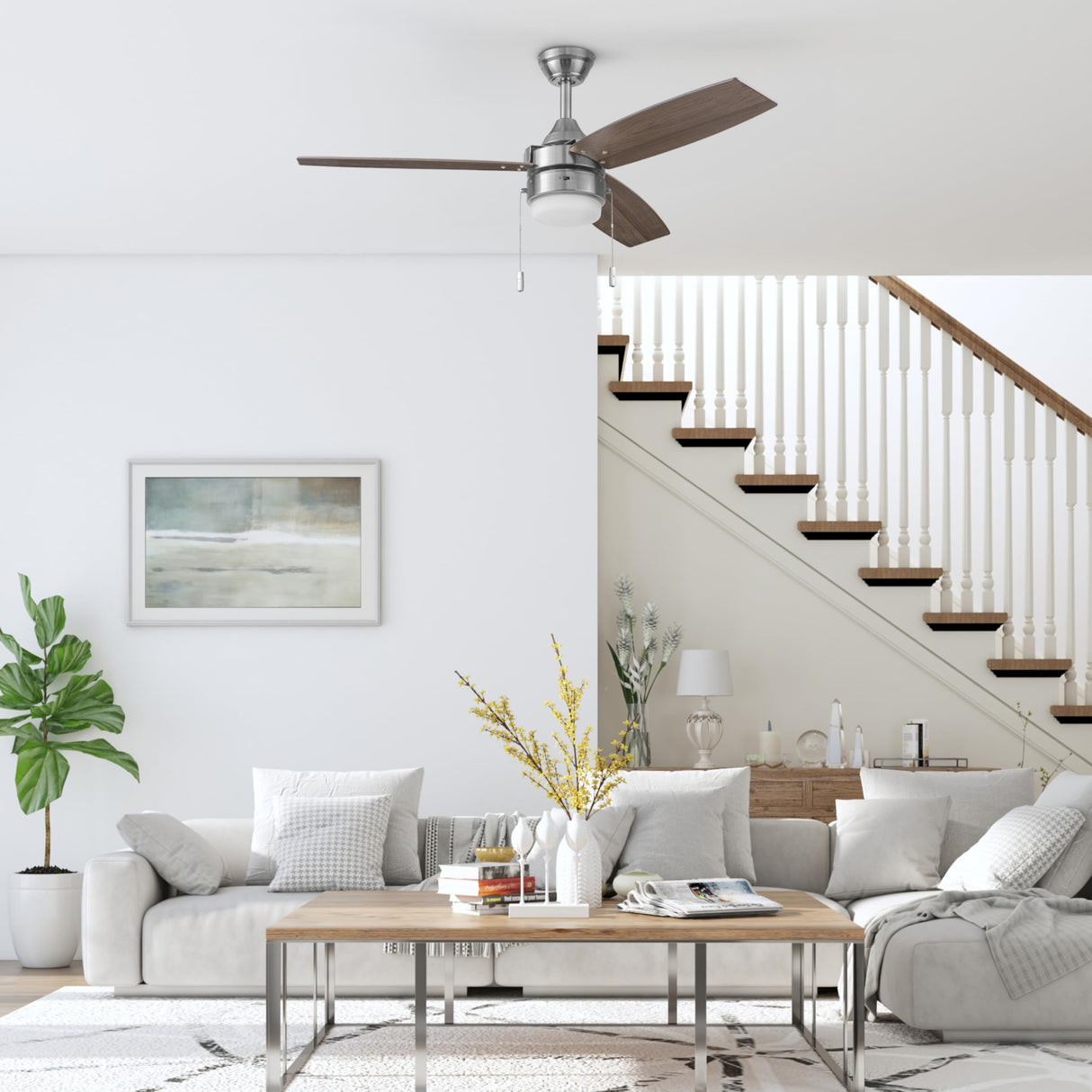 Honeywell Ceiling Fans Berryhill, 48 Inch Ceiling Fan with Color Changing LED Light, Pull Chain, Dual Mounting Options, 3 Dual Finish Blades, Reversible Airflow - 51857-01 (Brushed Nickel) Honeywell Ceiling Fans