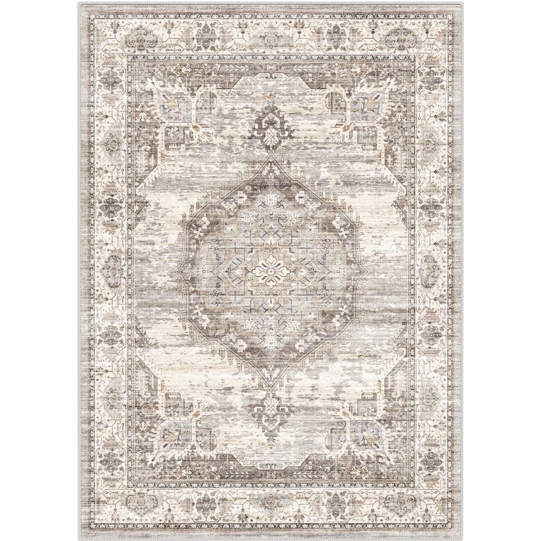 Washable Living Room Area Rug：8x10 Bedroom Rugs - Farmhouse Distressed Printed Floral Carpet - Foldable Non-Shedding Floor Carpet for Dining Room 8'x10' Beige YOUFORTONG
