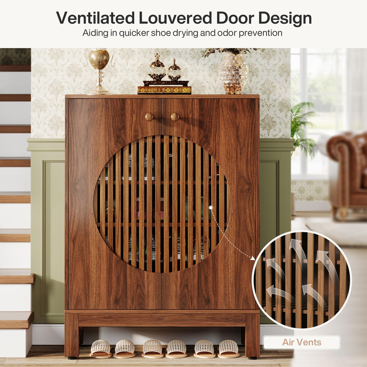 Tribesigns 5-Tier Shoe Cabinet with Round Louvered Doors, 20 Pairs Farmhouse Shoe Storage Cabinet with Adjustable Shelves, Freestanding Shoe Rack Organizer for Entryway, Hallway, Living Room, Brown Tribesigns