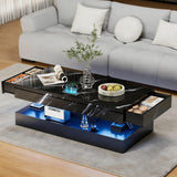 EROMMY 47.2" Modern High Glossy Coffee Table with Double-Layer Design, LED Coffee Table with 2 Sliding Drawers, Living Room Tables with Wireless Charging, 24 Colors LED Lights, APP Control, Black EROMMY