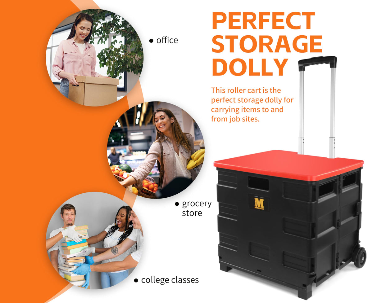 MaxWorks 50919 Collapsible Black Rolling Folding Dolly Grocery Cart - Multi-Functional Teacher Dolly with Extra Storage, Durable Wheels, and Easy-to-Fold Design for Classroom, Office, Shopping MaxWorks