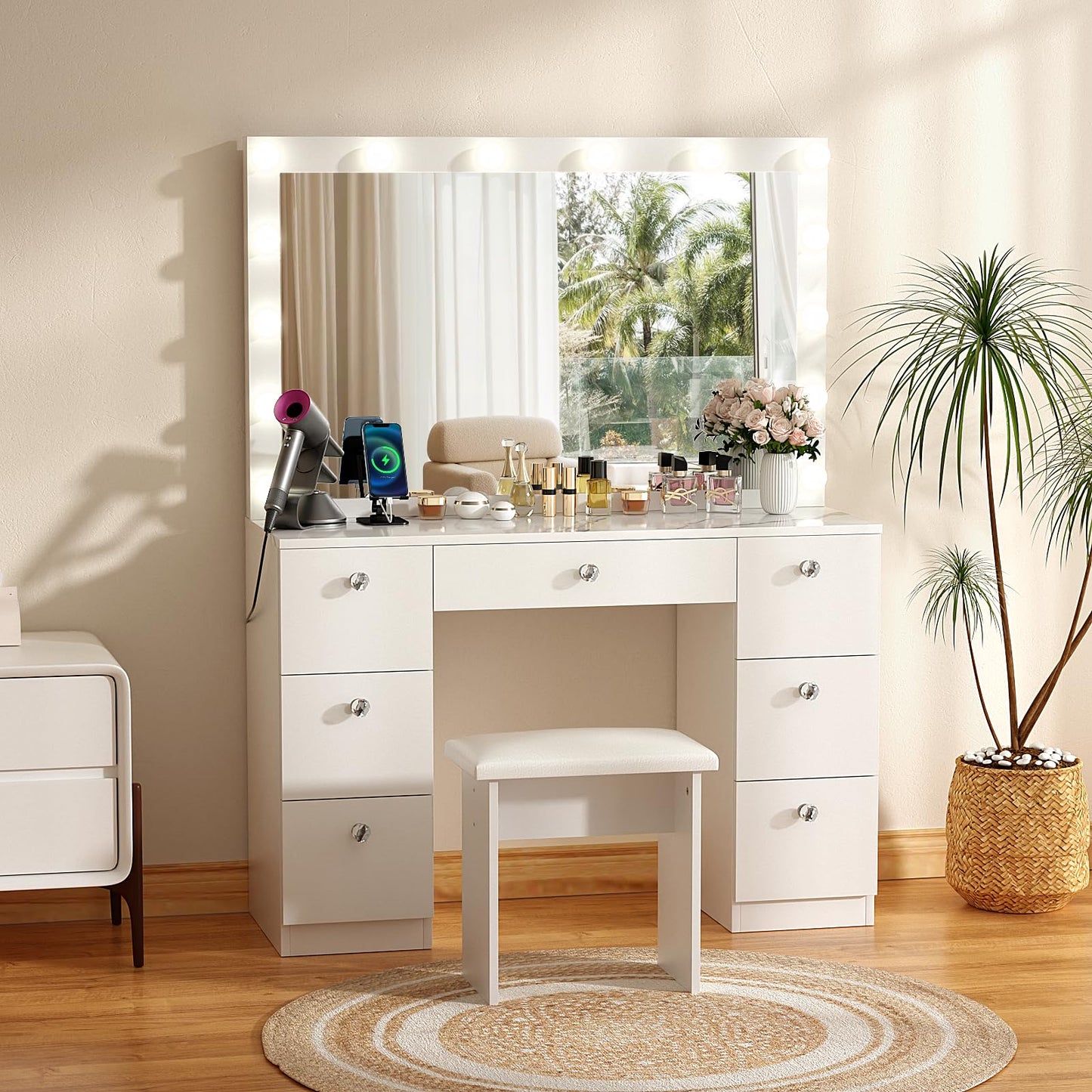 SMOOL Vanity with Lighted Mirror, Makeup Vanity Desk with Power Outlet and LED Bulbs, 3 Color Lighting Modes Adjustable Brightness, 7 Drawers Vanity Table with Cushioned Stool for Bedroom, Ma - WoodArtSupply