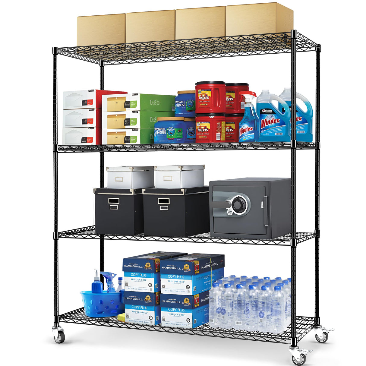 Rengue 4-Tier Wire Shelving with Wheels, 60"x 24"x72" Metal Storage Shelves, Heavy Duty Garage Storage Shelves, Chrome 2400LBS Capacity Wire Shelf Rack for Restaurant, Garage, Pantry, Black Rengue