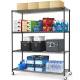 Rengue 4-Tier Wire Shelving with Wheels, 60"x 24"x72" Metal Storage Shelves, Heavy Duty Garage Storage Shelves, Chrome 2400LBS Capacity Wire Shelf Rack for Restaurant, Garage, Pantry, Black Rengue