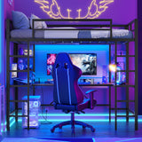 Hasuit Loft Bed with U-Shaped Desk, Charging Station &LED Lights, Metal LED Twin Loft Bed with Open Storage Shelves, Safety Guardrail & Double Ladder,No Box Spring Needed, Black Twin Size Loft Bed Hasuit