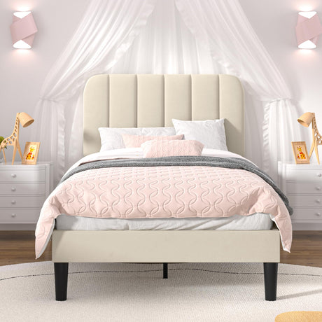 VECELO Twin Size Bed Frame with Upholstered Headboard, Velvet Platform Bedframe Mattress Foundation, Strong Wood Slat Support, No Box Spring Needed,Velvet Beige VECELO