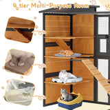 JFHID 4-Tier Cat Catio Enclosure with Weatherproof Roof, 3 Resting Rooms & Climbing Ramp, Large Outdoor Indoor Cat House Cage for Small Animals, Brown and Black JFHID