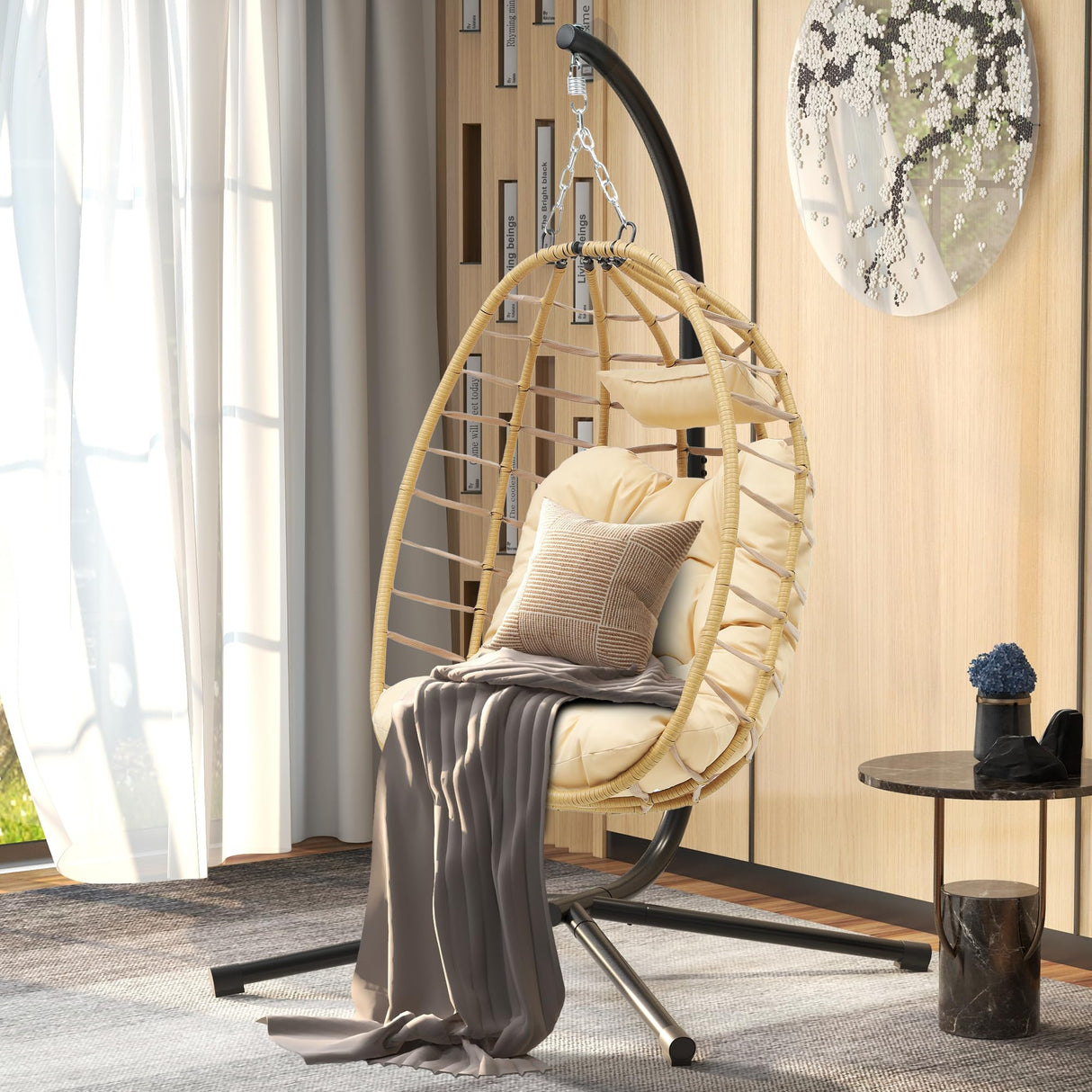 DWVO Egg Hanging Swing Chair with Stand Egg Chair Wicker Indoor Outdoor Hammock Egg Chair with Cushions 330lbs for Patio, Bedroom, Garden and Balcony, Beige DWVO