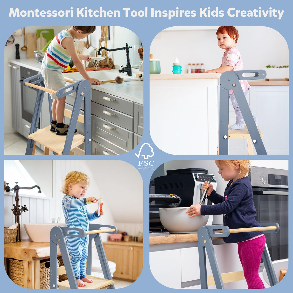 CONKKA Foldable Toddler Kitchen Step Stool with Hook, Pre-Assembled Wooden Folding Montessori Learning Helper for Kids, Toddlers Standing Tower with 3 Adjustable Height Stepping for Counter Sink-Gray CONKKA
