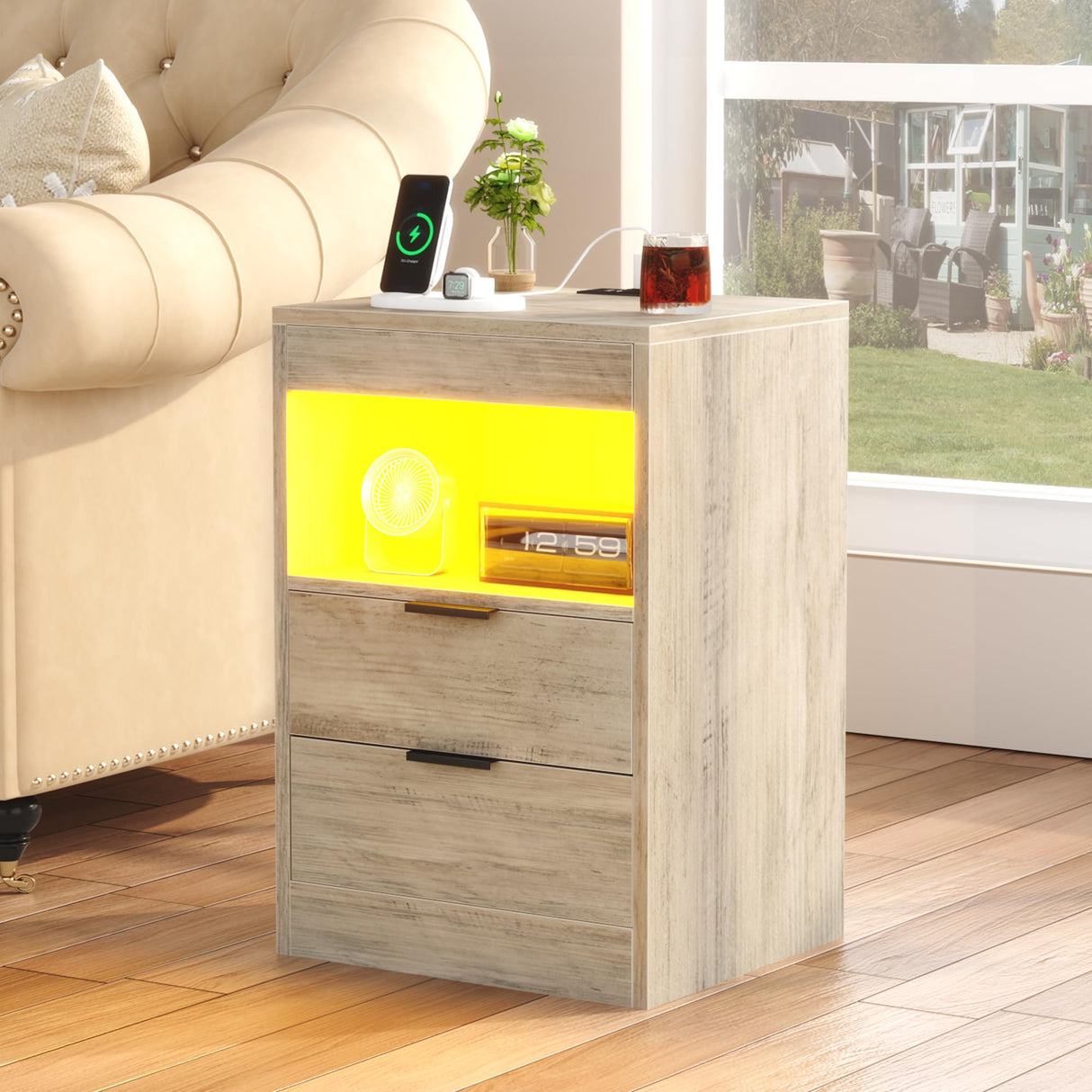 Gadroad LED Nightstand with Charging Station, Bedside Table with 3 Drawers and LED Lights, End Table Sofa Couch Side Table with Pull-Out Shelf, Grey Gadroad
