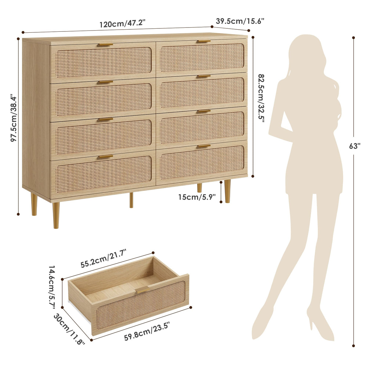 GarveeHome Rattan 8 Drawer Dressers for Bedroom, Tall Dresser with Deep Drawers, Large Chest of Drawers for Closet with Wide Top, Long Wooden Dresser for Living Room, Hallway, Kids Room, Natural GarveeHome