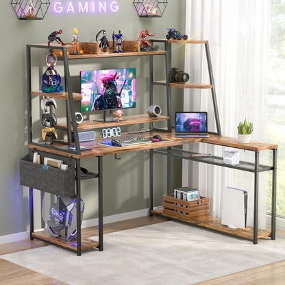 L Shaped Gaming Desk with Hutch, 47'' Gaming Computer Desk with LED Lights & Power Strips, Reversible L-shaped PC Gaming Desk with Storage Shelves, L Desk for Gaming with Monitor Stand, Rusti - WoodArtSupply