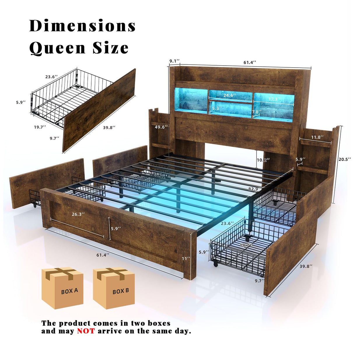 LUXOAK Queen Bed Frame with 49.6" Bookcase Headboard & 2 Detachable Bedside Stoage Racks & 4 Drawers, Farmhouse Wood Bed Frame with RGB LED & Charging Station, No Box Spring Needed, Rustic Brown LUXOAK
