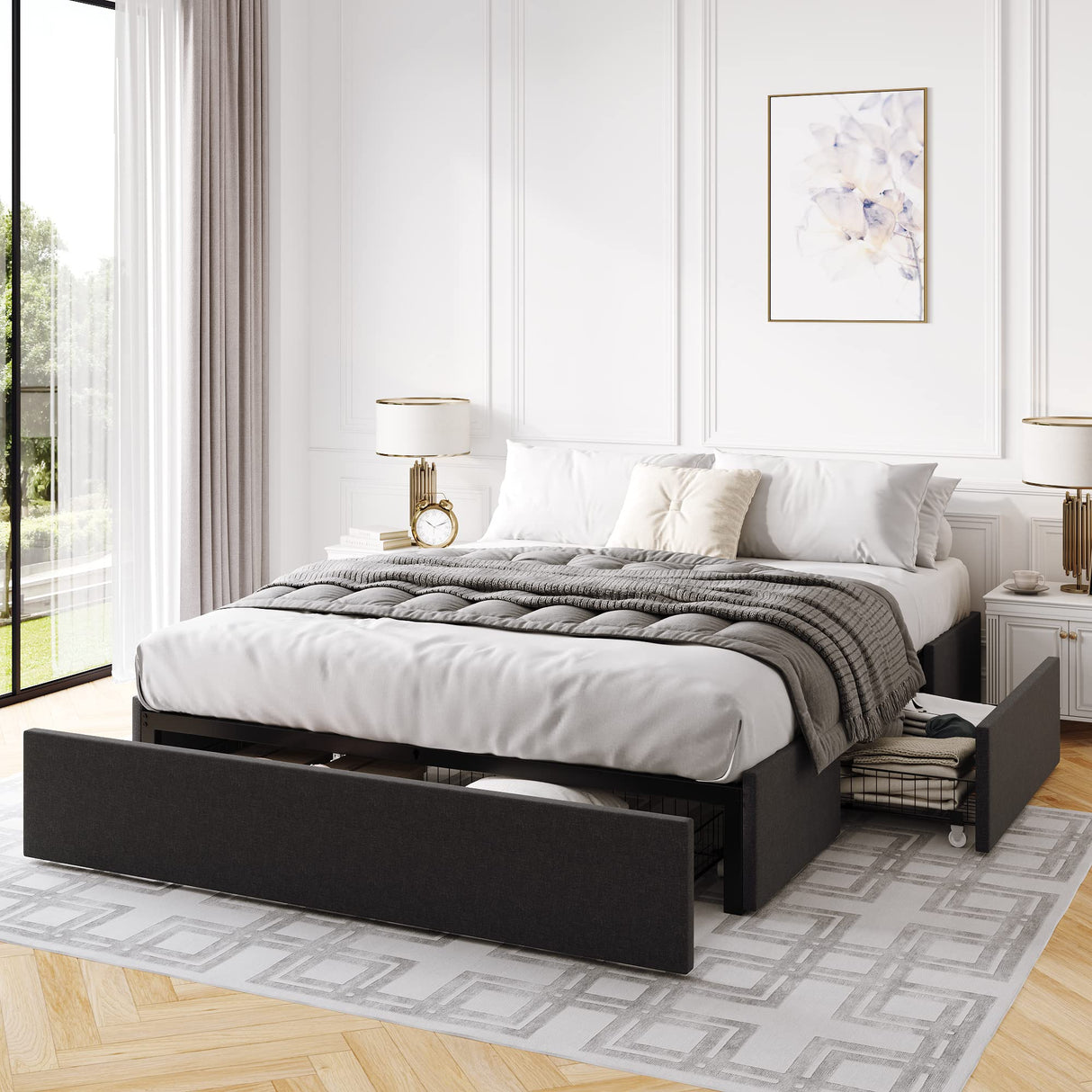 IMUsee Queen Bed Frame with Storage, 3 Large Drawers on Wheels, Fabric Upholstered Platform Bed, No Box Spring Needed, Wood Slats Support, Easy Assembly, Dark Grey IMUsee