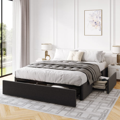IMUsee Queen Bed Frame with Storage, 3 Large Drawers on Wheels, Fabric Upholstered Platform Bed, No Box Spring Needed, Wood Slats Support, Easy Assembly, Dark Grey IMUsee
