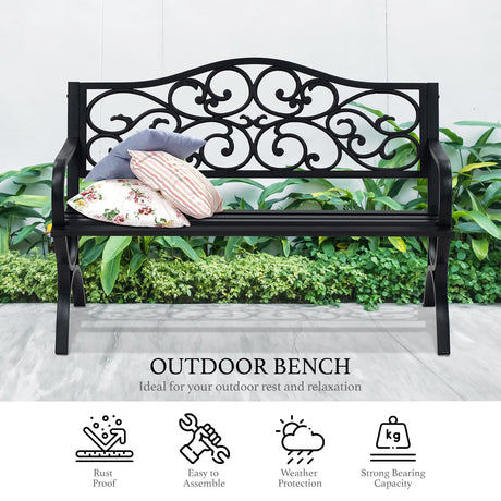 AJP Distributors 50" Outdoor Bench Garden Bench with Clouds Pattern Steel Metal Frame Park Bench Cast Iron Backrest Armrests for Patio Lawn Yard Deck Front Porch Backyard Driveway Balcony Furniture AJP Distributors