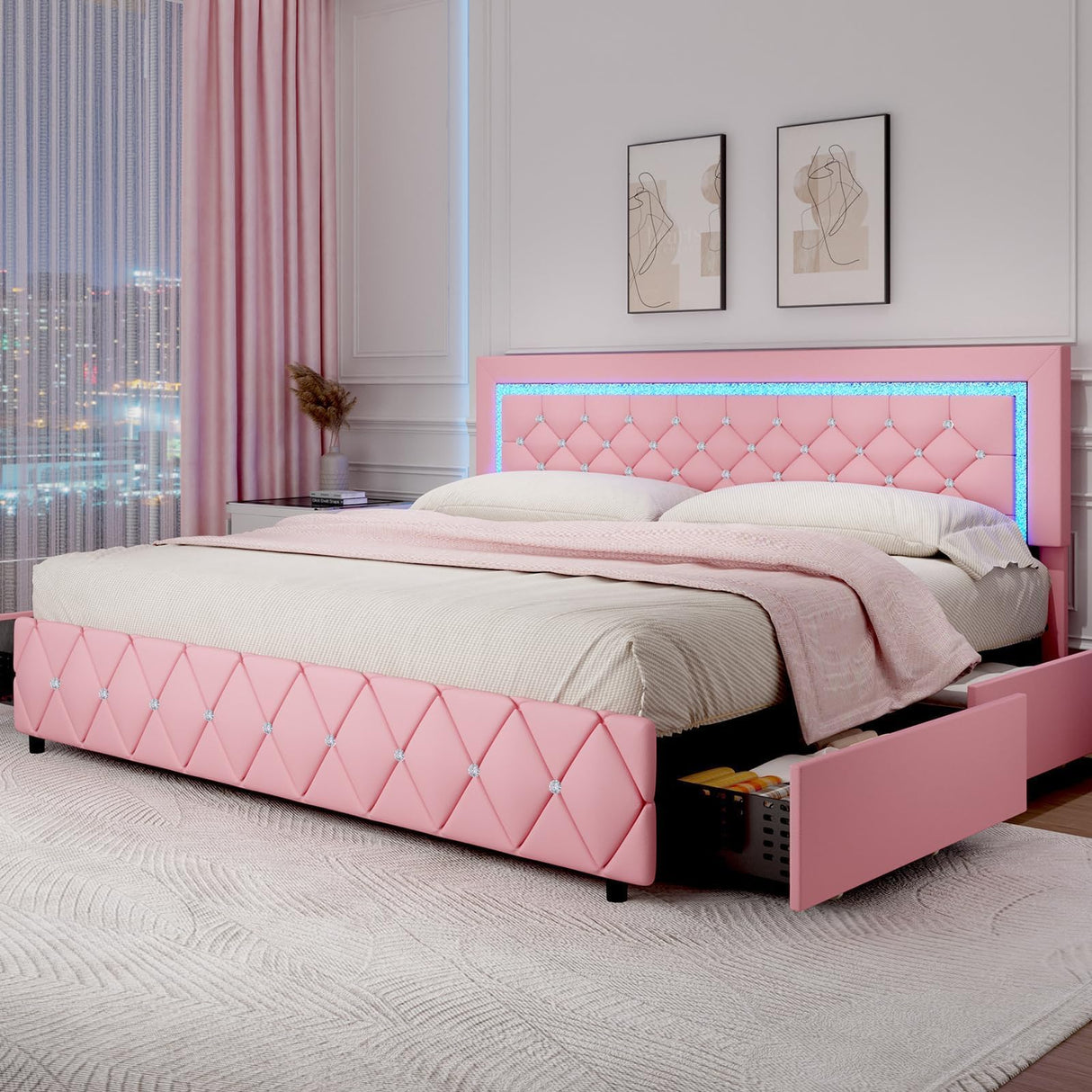 Pink King Size Bed Frame with LED Lights, Upholstered Platform Bed with Diamond Tufted Headboard, Princess Bed Frame with Storage Drawers, Wooden Slats Support, No Box Spring Needed, Easy Assembly BarnFurin