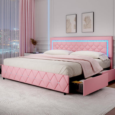 Pink King Size Bed Frame with LED Lights, Upholstered Platform Bed with Diamond Tufted Headboard, Princess Bed Frame with Storage Drawers, Wooden Slats Support, No Box Spring Needed, Easy Assembly