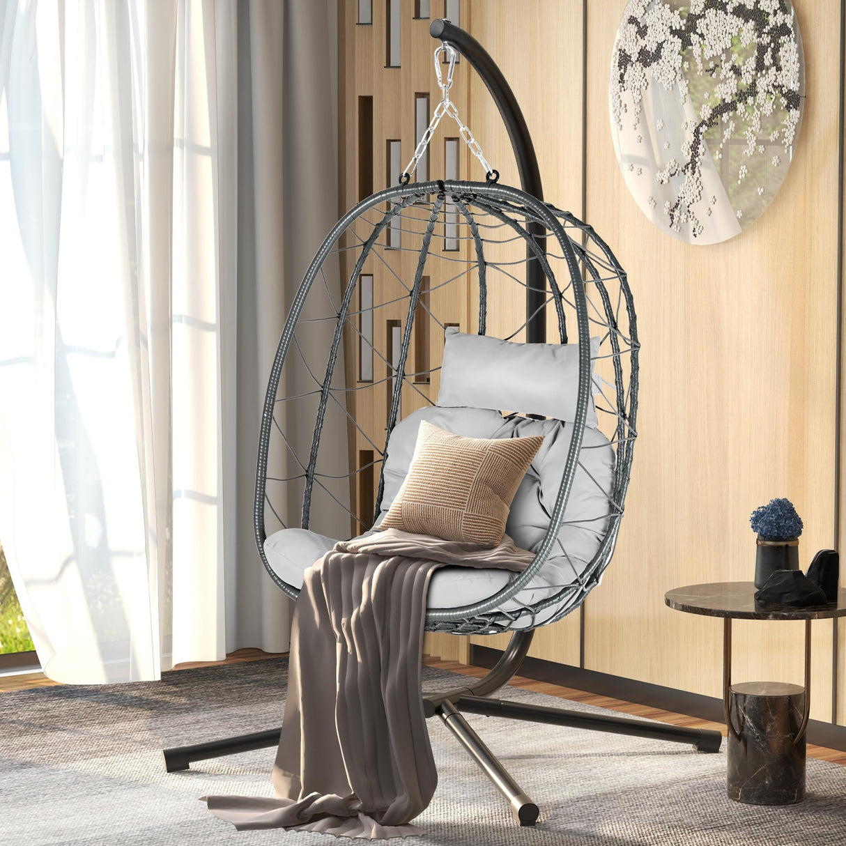 DWVO Egg Hanging Swing Chair with Stand Egg Chair Wicker Egg Chair with Cushions 330lbs for Patio, Bedroom, Garden and Balcony, Gray DWVO