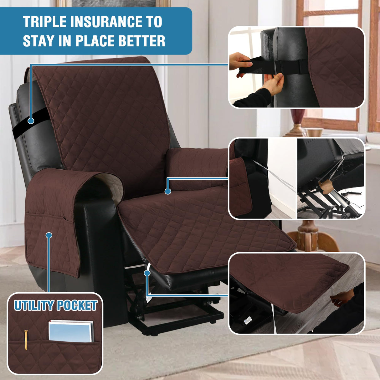 H.VERSAILTEX 100% Waterproof Power Lift Recliner Chair Cover Non Slip Electric Power Lift Recliner Covers for Recliner Chair with Pocket Large Recliner Chair Covers, Brown H.VERSAILTEX