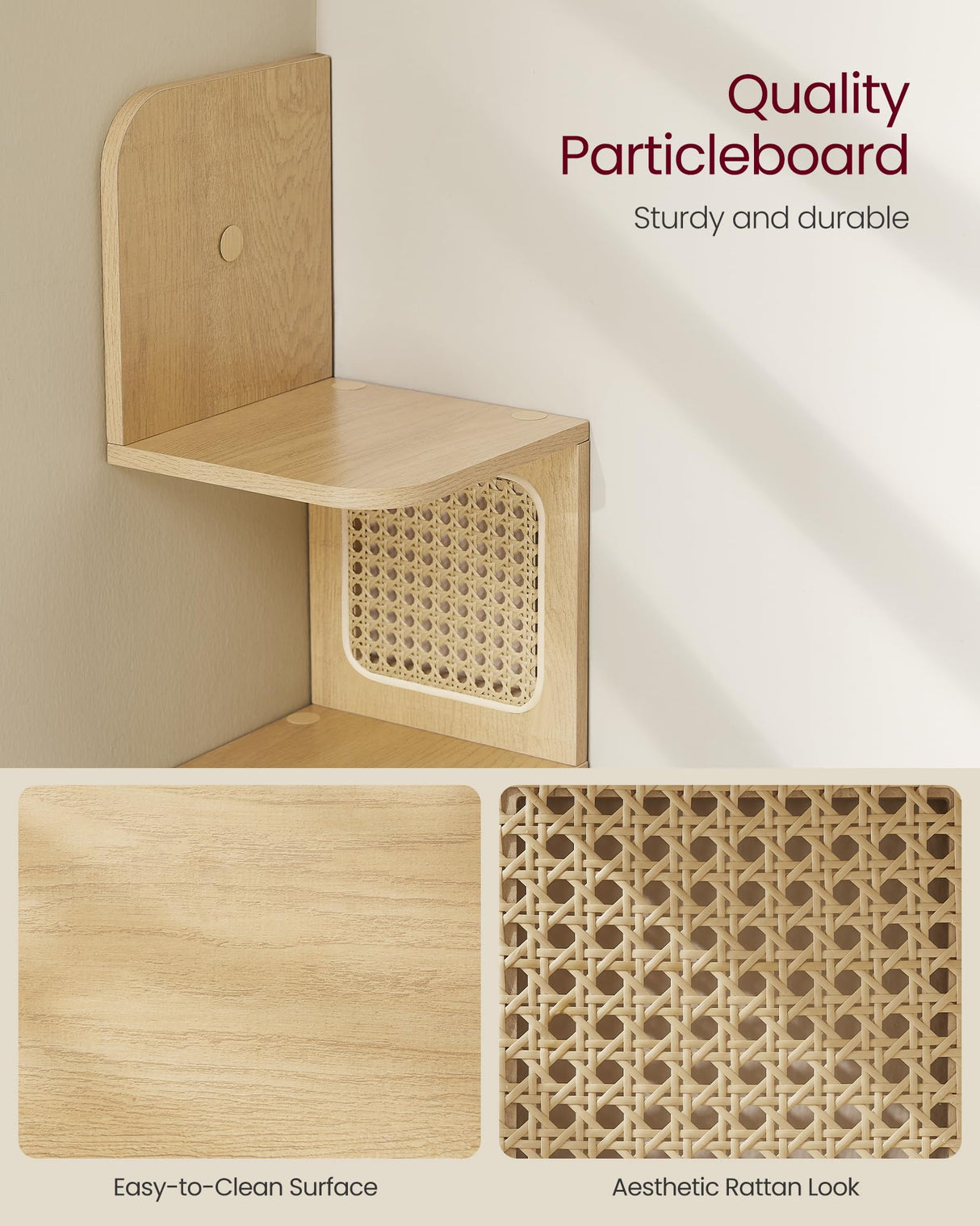 VASAGLE 5-Tier Corner Shelf, Wall Mounted Floating Shelf, Zigzag Corner Shelf Unit, PVC Rattan Sides, Space-Saving, for Kitchen, Living Room, Bedroom, Boho Style, Oak Beige ULLS582Y57 VASAGLE