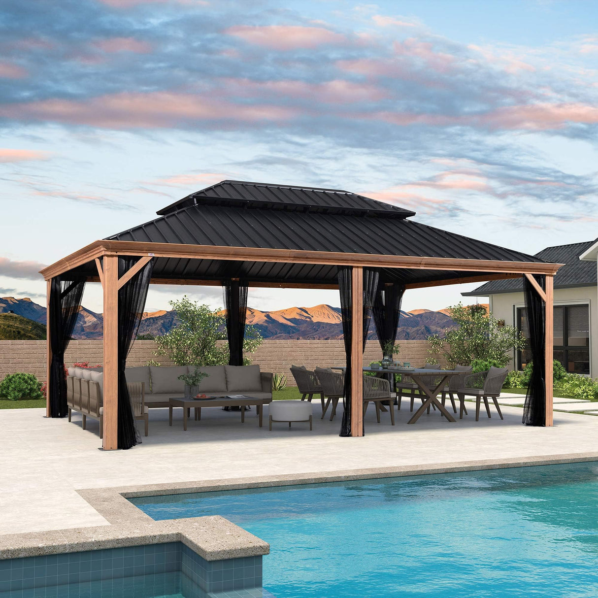 PURPLE LEAF 14' X 20' Outdoor Hardtop Gazebo for Patio Galvanized Steel Double Roof Permanent Canopy Teak Finish Coated Aluminum Frame Pavilion Gazebo with Netting PURPLE LEAF