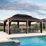 PURPLE LEAF 14' X 20' Outdoor Hardtop Gazebo for Patio Galvanized Steel Double Roof Permanent Canopy Teak Finish Coated Aluminum Frame Pavilion Gazebo with Netting PURPLE LEAF