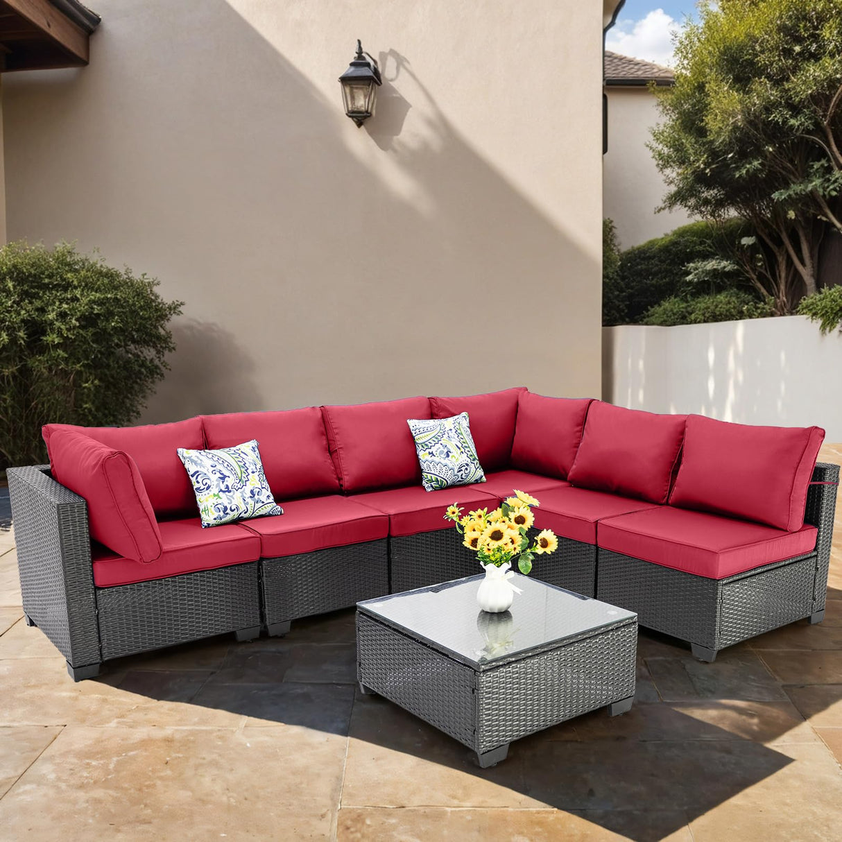 OUGMMGOU 7 Piece Patio Furniture Set, All-Weather Wicker Outdoor Conversation Set with Sectional Sofa, Rattan PE Wicker Seating, Glass Coffee Table, and Cushions (Coffee-Red, Z7) OUGMMGOU
