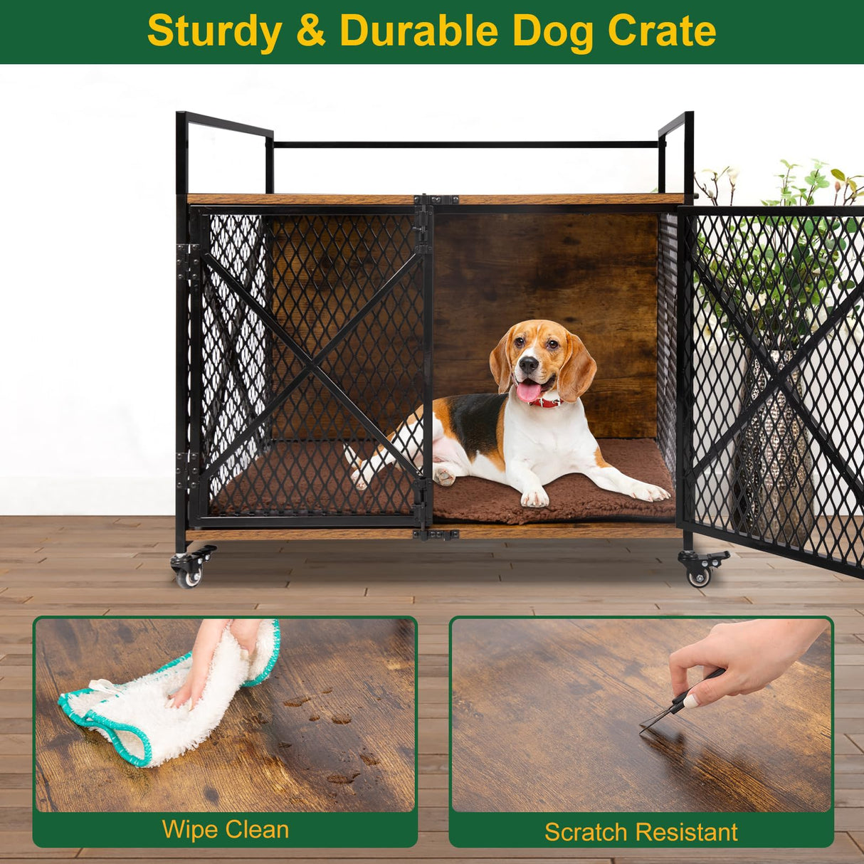 31'' Dog Crate Furniture, Wooden Dog Crates for Medium Dogs, Heavy Duty Dog Kennel Indoor with Lockable Wheels, Furniture Style Dog Cage for Living Room,Rustic Brown Gowoodhut
