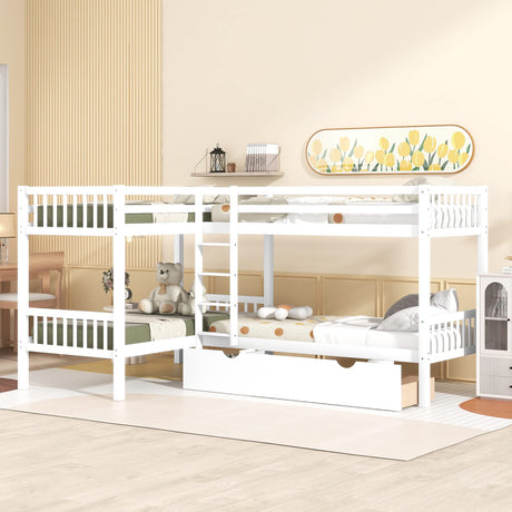 MERITLINE Twin Size Quad Bunk Beds, Kids Bunk Bed with Drawers, Wood L-Shaped Bunk Bed 4 Bed Bunk Beds for Kids,Teens (White) MERITLINE