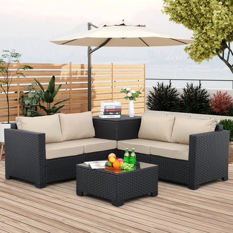 WAROOM Outdoor PE Wicker Patio Furniture Set 4 Piece Black Rattan Sectional Sofa Conversation Couch Sets with Storage Box Glass Top Table and Anti-Slip Khaki Cushion WAROOM