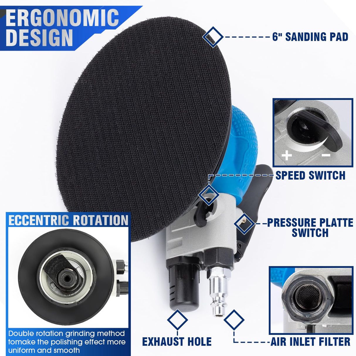KUIMIT 6 Inches Air Random Orbital Sander, Pneumatic Palm Car Sanders For Wood Polisher Metal,And Auto Body Work, Da Sanders, Dual-action Sander KUIMIT