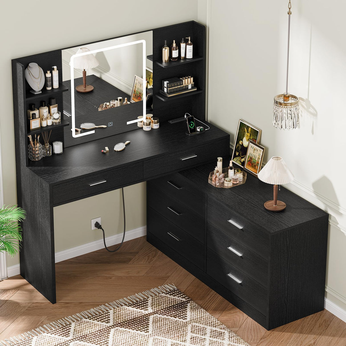Quimoo 65.9" Vanity Desk with LED Lighted Mirror & Power Outlet, Modern Corner Makeup Vanity Table with 8 Drawers & Open Shelves, Dressing Table for Bedroom, Makeup Room Quimoo
