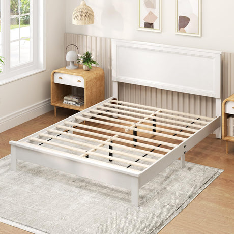 KOMFOTT Queen Size Wood Platform Bed Frame with Headboard, Wooden Mid Century Platform Bed with Slat Support & Under Bed Storage, Mattress Foundation Bed Base, No Box Spring Needed, White KOMFOTT