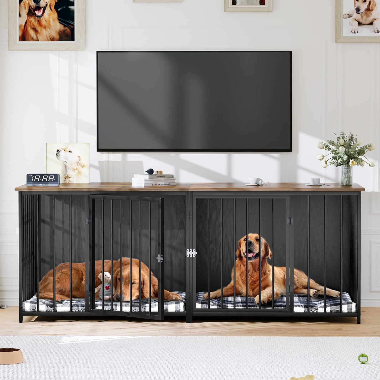 YITAHOME Double Dog Crate Furniture, 80.2 inch Large Breed Dog Kennel with Divider, Heavy Duty Dog House TV Stand Indoor for 2 Medium Dogs, Black - WoodArtSupply