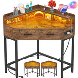 Cyclysio Corner Vanity Desk Without Mirror, Makeup Vanity Table with Lights & Power Outlets, Small Corner Vanity with Drawers for Bedroom,Small Spaces, Brown Cyclysio