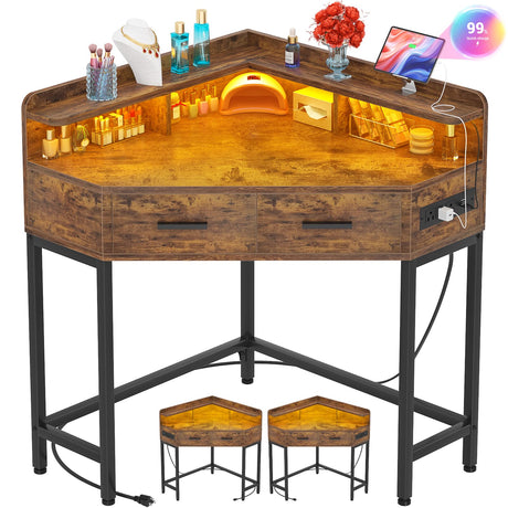 Cyclysio Corner Vanity Desk Without Mirror, Makeup Vanity Table with Lights & Power Outlets, Small Corner Vanity with Drawers for Bedroom,Small Spaces, Brown Cyclysio