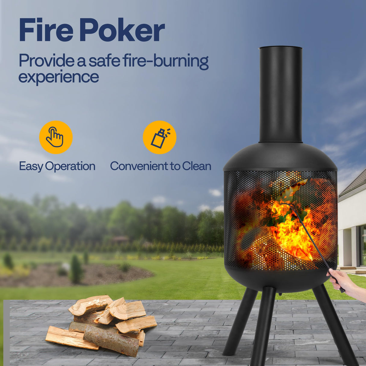 VIVOHOME 46 Inch Chiminea Outdoor Fireplace, Cold-Rolled Steel Wood Burning Fire Pit with Mesh Design, Top Chimney Cover, and Fire Poker Ideal for The Patio, Garden, and Backyard Black VIVOHOME