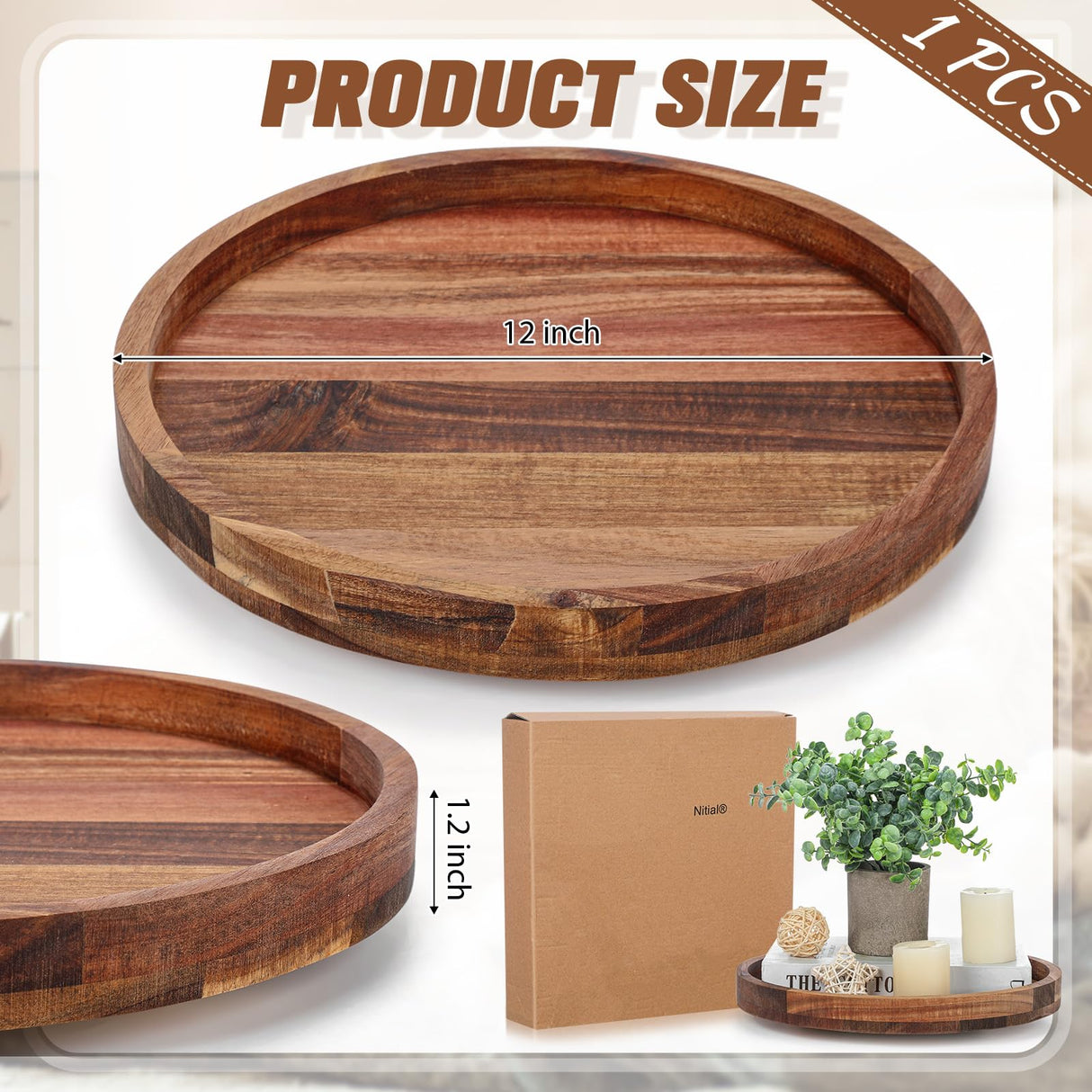 Nitial 12'' Acacia Wood Lazy Susan Organizer Wooden Rotating Turntable Organizer Kitchen Organizer Turntable for Dining Table Countertop Kitchen Cabinet Pantry Storage Nitial