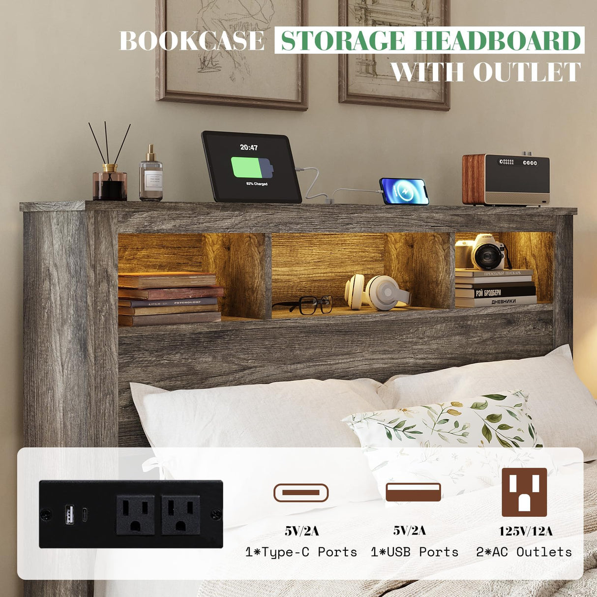 Albott Farmhouse King Size Bed Frame with Storage Bookcase Headboard and Footboard, Storage Wood Platform Bed Frame with Wood Slats Support, Noiseless LED Bed Frame, No Box Spring Needed, Gray Albott