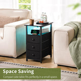 Yoobure End Table with Charging Station, LED Narrow Side Table Bedside Table, Small Night Stand End Tables Living Room, Skinny Nightstand with 3 Fabric Drawers, Side Tables Bedroom for Small Spaces Yoobure