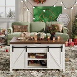 ONBRILL Farmhouse Lift Top Coffee Table with Sliding Barn Door,Rustic Center Table with Hidden Storage Compartment,Storage Coffee Table Converts to Dining Table for Living Room,Office,White and Brown ONBRILL