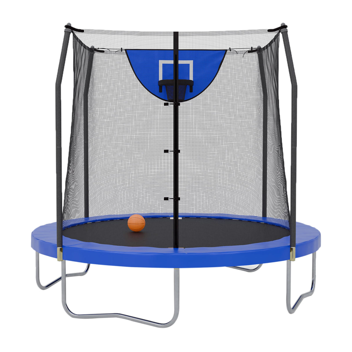 Skywalker Trampoline Outdoor Jump N' Dunk 8 FT, 12 FT, 15 FT, Round Outdoor Trampoline with Net, Trampoline Mat, and Basketball Hoop for Trampoline, ASTM Approval, 700 LBS Weight Capacity - Blue Skywalker Trampolines