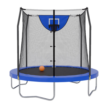 Skywalker Trampoline Outdoor Jump N' Dunk 8 FT, 12 FT, 15 FT, Round Outdoor Trampoline with Net, Trampoline Mat, and Basketball Hoop for Trampoline, ASTM Approval, 700 LBS Weight Capacity - Blue Skywalker Trampolines