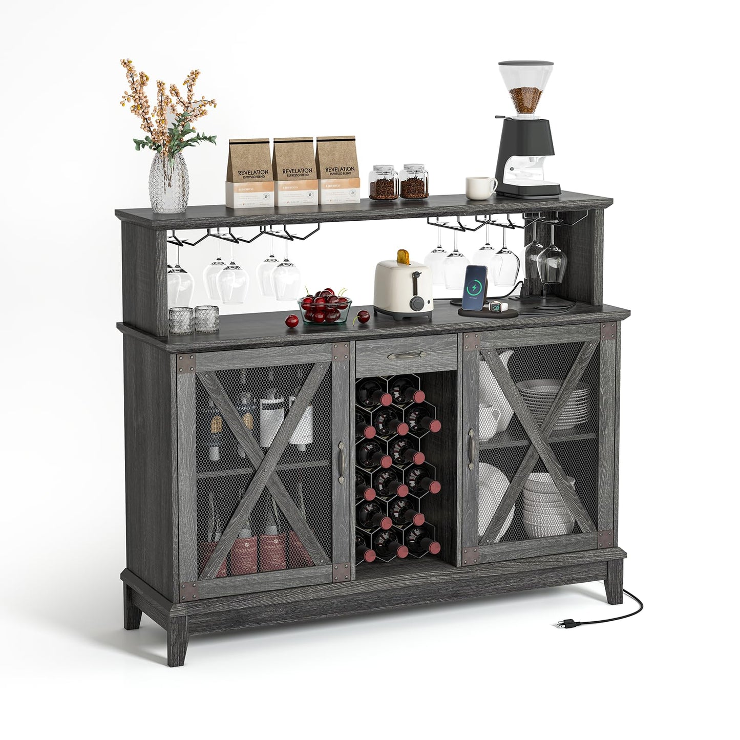 Wine Bar Cabinet,Farmhouse Liquor Cabinet with Storage&Drawer,Coffee Bar Cabinet with LED Lights,Buffet Cabinet with Wine Rack&Glass Holder,Industrial Sideboard Buffet,Bar Cabinets for Home,Grey