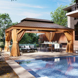 Aoxun Hardtop Gazebo, 12 x 16ft Wooden Finish Coated Aluminum Frame Canopy, Galvanized Steel Double Top, Outdoor Permanent Metal Pavilion with Curtains and Netting, for Backyard, Patio and Deck Aoxun