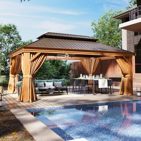 Aoxun Hardtop Gazebo, 12 x 16ft Wooden Finish Coated Aluminum Frame Canopy, Galvanized Steel Double Top, Outdoor Permanent Metal Pavilion with Curtains and Netting, for Backyard, Patio and Deck Aoxun