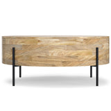 SIMPLIHOME Rayburn Drum Coffee Table - 38 inch Wide Solid Mango Wood Round Living Room Table in Natural, Modern Industrial Center Table for Family Room with Black Metal Legs and Large Surface SIMPLIHOME