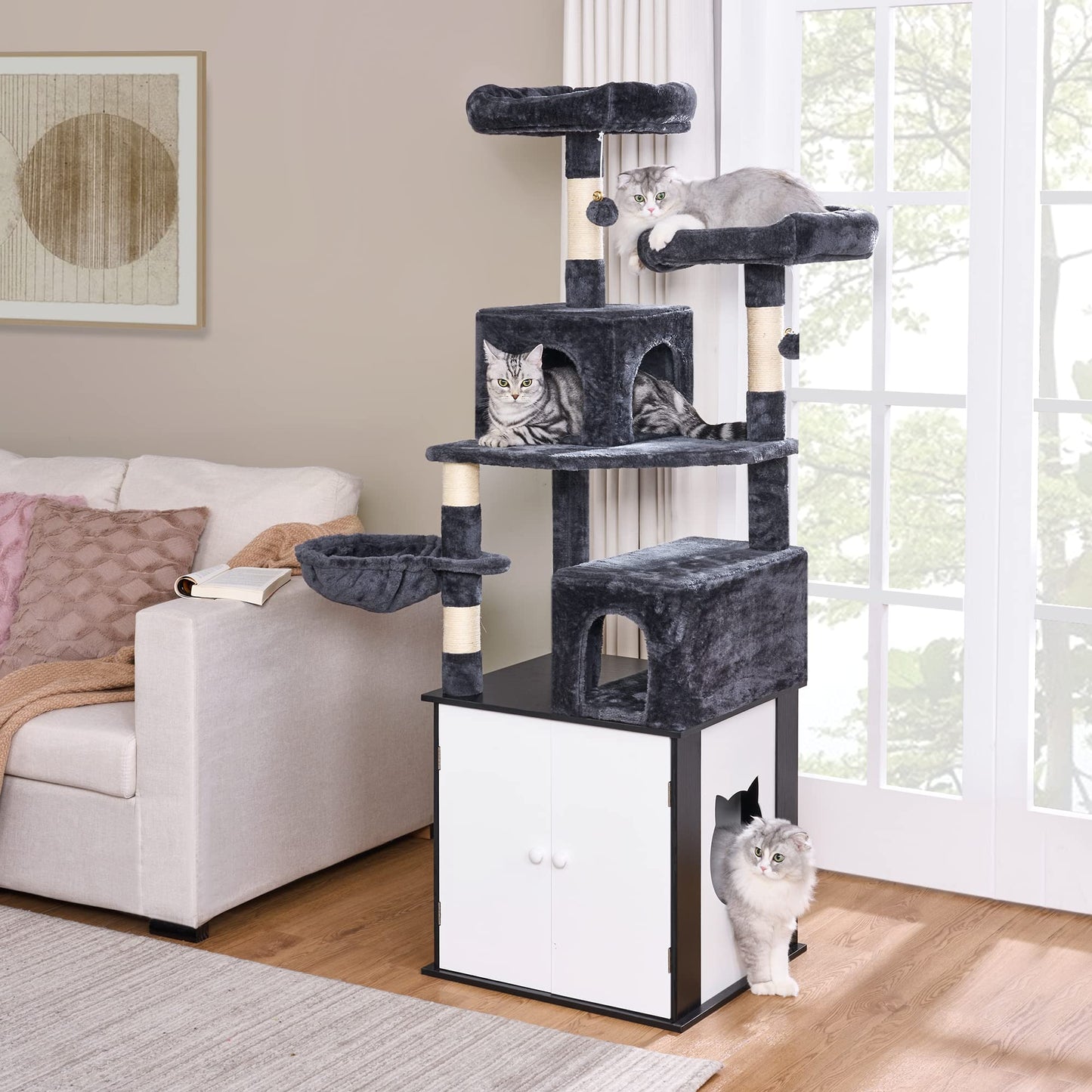 BEWISHOME Cat Tree with Litter Box Enclosure All-in-one Indoor Cat Hidden Litter Box Furniture Cat Tower with Large Cat Condo Modern Cat House with Scratching Posts MMJ81D